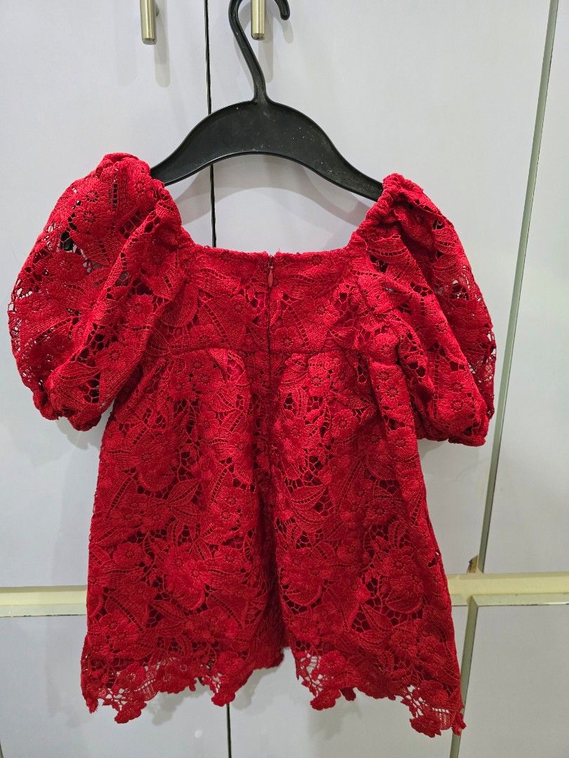 Gingersnaps Red Lace Dress (Category: Babies & Kids Fashion) located in San Jose. Submitted by shobe__ (Listing ID 1438118450, Image 2). Description: - Gingersnaps red lace dress - Size: 4Y - Features: Short sleeves, delicate lace design, velvet bow detail - Condition: Excellent - Perfect for special occasions.