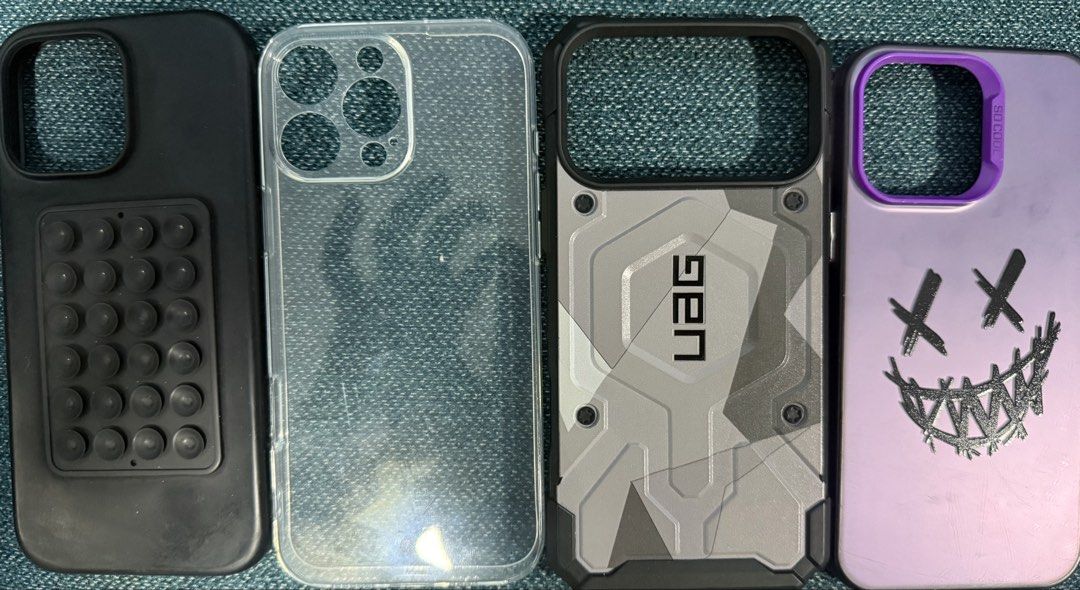 iPhone Case (Category: Cases & Sleeves) located in Singapore. Submitted by mvkkms6k9h65490 (Listing ID 1438249407, Image 1). Description: Left side first 2 cover is 16 pro max cover. 3rd side from the left side is 17 pro max UAG cover. Last side from the left is 14 pro max. DO OFFER ME YOUR PRICE.😁.