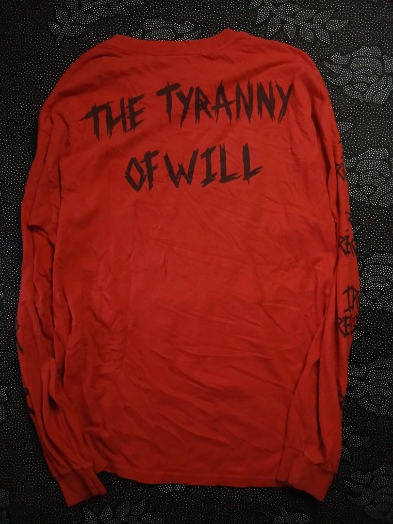 Iron reagan band ls (Category: Longsleeves) located in Caloocan City. Submitted by benthriftshp (Listing ID 1438263012, Image 2). Description: iron reagan band tee - Red long sleeve shirt - Graphic print on front and sleeves - "THE TYRANNY OF WILL" text on the back Soft, possibly cotton, material - Crew neck - Ribbed cuffs 21x28.6 dimes 2 pinholes 700+sf.