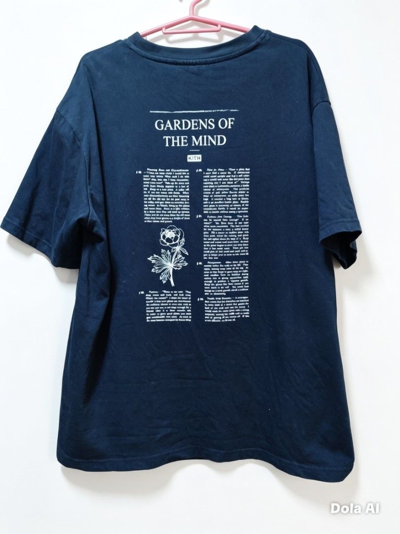 Kith Gardens of the Mind Tee (Category: Tshirts & Polo Shirts ) located in Marikina City. Submitted by jecccc (Listing ID 1438129135, Image 2). Description: - Kith t-shirt in navy blue - Size: L - Features a floral Kith logo on the front - "Gardens of the Mind" graphic on the back - Material: 100% cotton - Made in Japan.