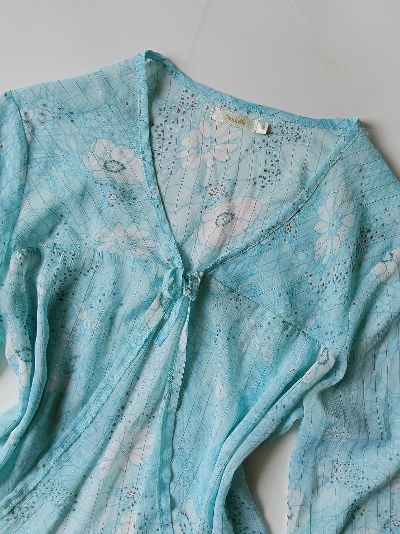 Light Blue Floral Blouse (Category: Blouses) located in Batangas. Submitted by _mistybleu16 (Listing ID 1438297310, Image 3). Description: - Light blue floral blouse - V-neckline - Three-quarter sleeves - Tie closure at front - Lightweight and semi-sheer fabric - Relaxed fit.