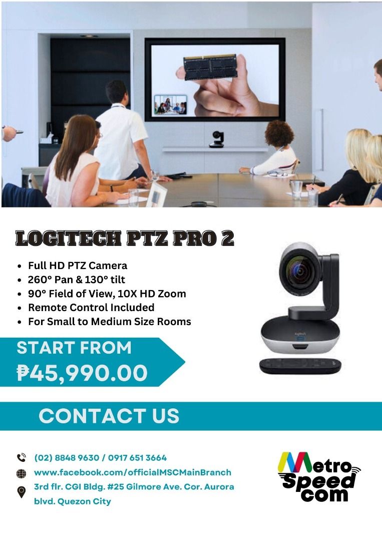 Logitech PTZ Pro 2 Full HD Camera (Category: Video Cameras) located in Caloocan City. Submitted by jomsmetro09600 (Listing ID 1438199151, Image 1). Description: - Logitech PTZ Pro 2 - Full HD PTZ camera - 260° pan and 130° tilt - 90° field of view - 10X HD zoom - Includes remote control - Ideal for small to medium rooms - Inquire now!.