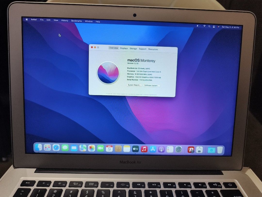 MacBook Air 13-inch 2017 (Category: Laptops & Notebooks) located in Santa Rosa. Submitted by jeffermin21 (Listing ID 1438247426, Image 1). Description: for sale macbook air 13 inch 2017 1.8ghz core i5 vertion 12.7.6 monterey 8gig ram 128ssd 96 smooth battery normal 4 to 6hrs with orig box and charger loc santrosa mit up slight negotiable.