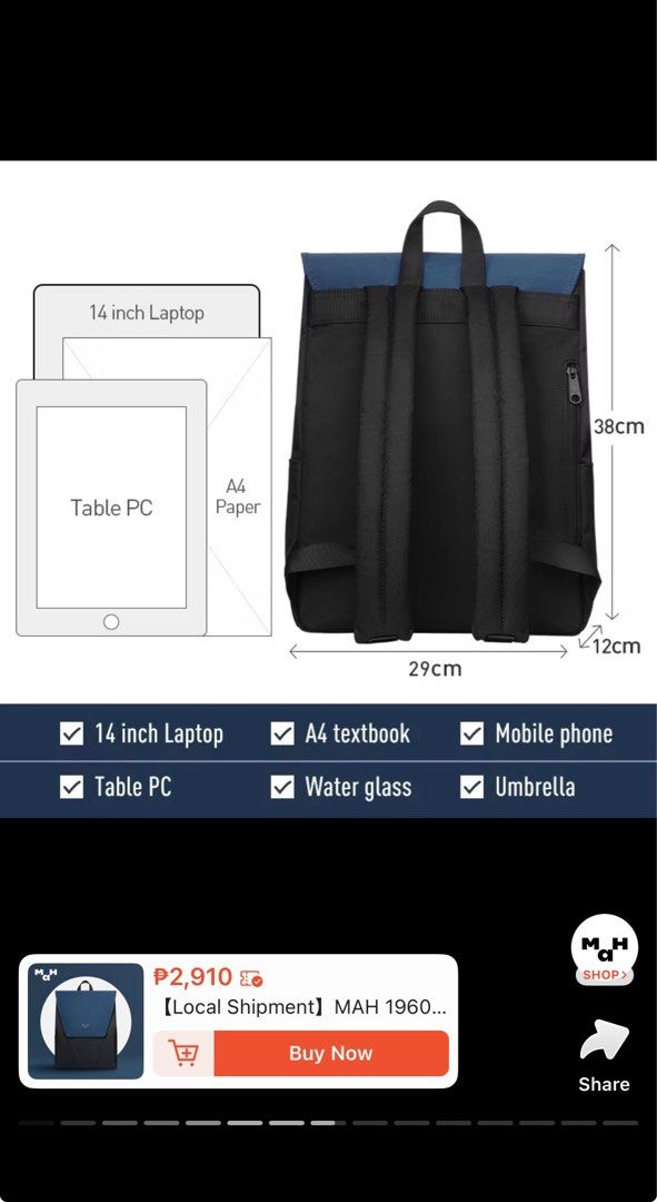 MAH 1960 Backpack (Category: Backpacks) located in Mabalacat. Submitted by favewears (Listing ID 1438264800, Image 2). Description: - MAH 1960 Backpack - Sleek design with flap closure - Fits a 14-inch laptop - Holds A4 textbooks - Room for phone, water bottle, and umbrella - Dimensions: 38cm x 29cm x 12cm - Perfect for daily use - color: black/l-grey.