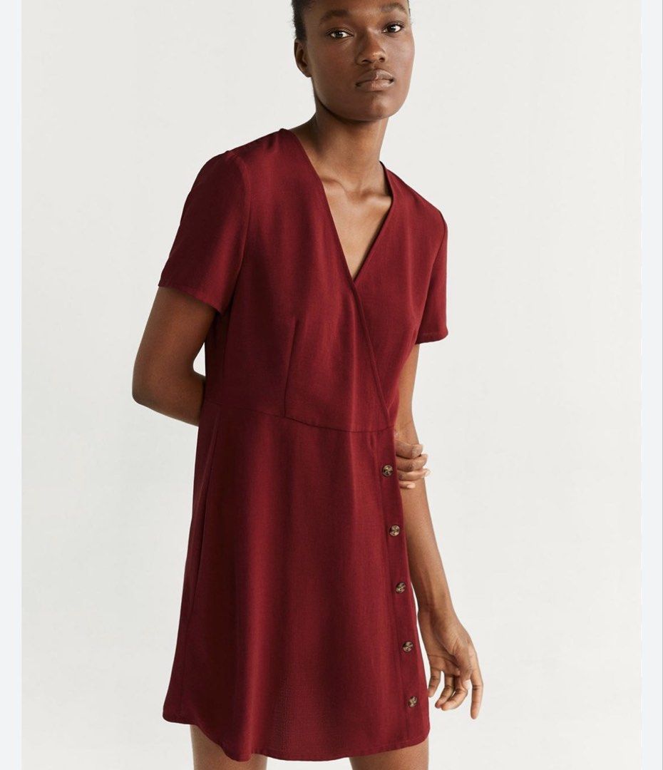 Mango Red Dress (Category: Dresses) located in Mandaluyong City. Submitted by declutterrie (Listing ID 1438073665, Image 1). Description: - Mango Casual wrap dress - Size: XS - Color: Red - Design: Wrap style with button details - Sleeves: Short - Closure: Back zipper - Fabric: Smooth.