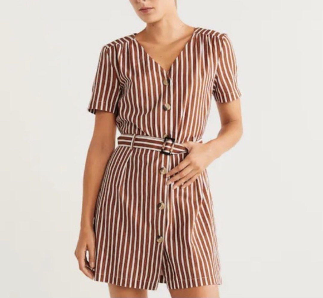 Mango Striped Dress with Belt (Category: Dresses) located in Mandaluyong City. Submitted by declutterrie (Listing ID 1438074073, Image 1). Description: - Brown and white striped pattern - Short sleeves - V-neckline with button closures - Includes matching belt - Size: EUR 32, US 2 - Made in India.