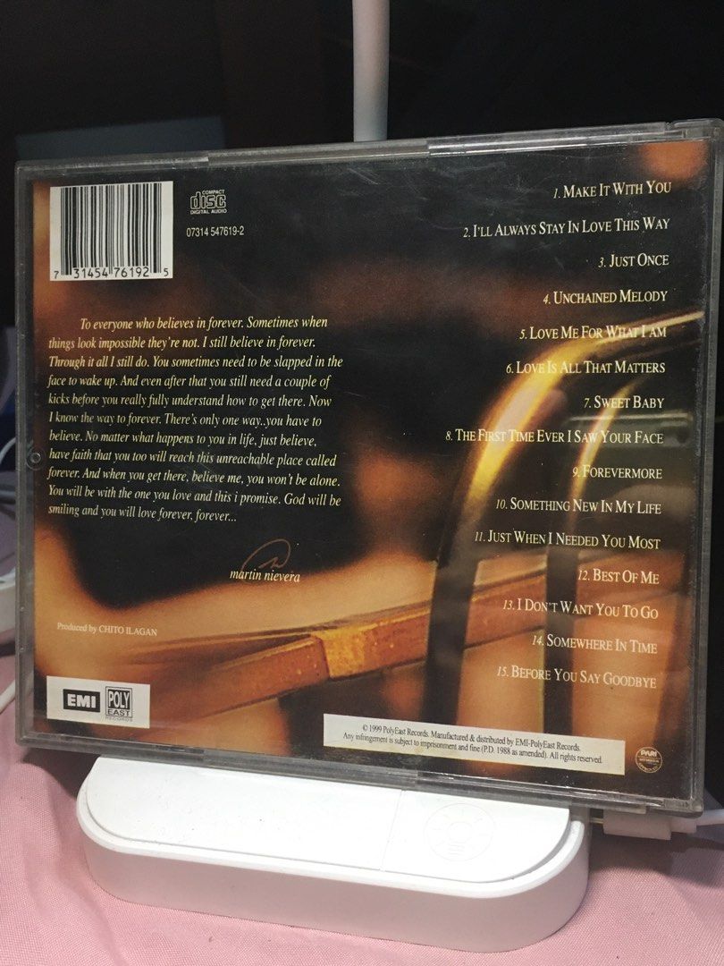 Martin Nievera - Forever Forever CD (Category: CDs & DVDs) located in Caloocan City. Submitted by psychen09 (Listing ID 1438236125, Image 2). Description: Martin Nievera's "Forever Forever" CD. Includes hits like "Make It With You." VG+.