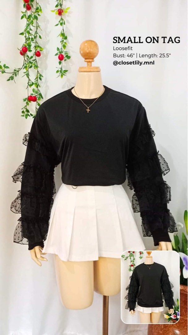 [New] Shein Black Ruffle Sleeve Top (Category: Blouses) located in Caloocan City. Submitted by lily.mnl (Listing ID 1438199061, Image 1). Description: 🖤 Black Long Sleeves Ruffle Sleeve - New Shein with pouch - Size: S (EU 36, US 4) - Bust: 46 inches - Length: 25.5 inches 🖤Location : Bagong Silang, Caloocan 🖤Meet Up: SM North (Weekdays) 🖤Shipping : Lalamove, Grab, J&T .