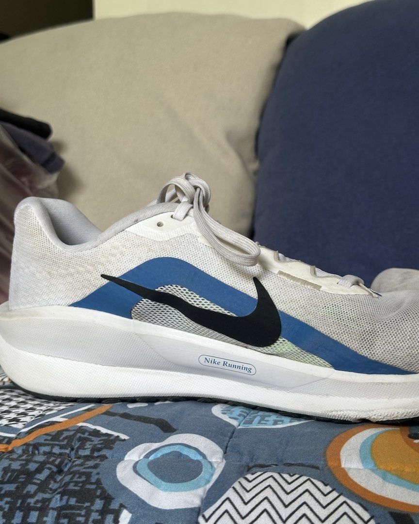 Nike Downshifter 13 Running Shoes (Category: Sneakers) located in Manila. Submitted by pioloo (Listing ID 1438163184, Image 2). Description: Nike Downshifter 13 Running Shoes * Size: US 11 (Mens) / UK 10 / EUR 45 / 29 cm * Colorway: White / Star Blue / Green Strike / Black * Authentic, ordered this pair in the Nike App. Condition Details: * Uppers: Breathable mesh is completely intact with no holes or tears. Light, normal dust staining on the whi