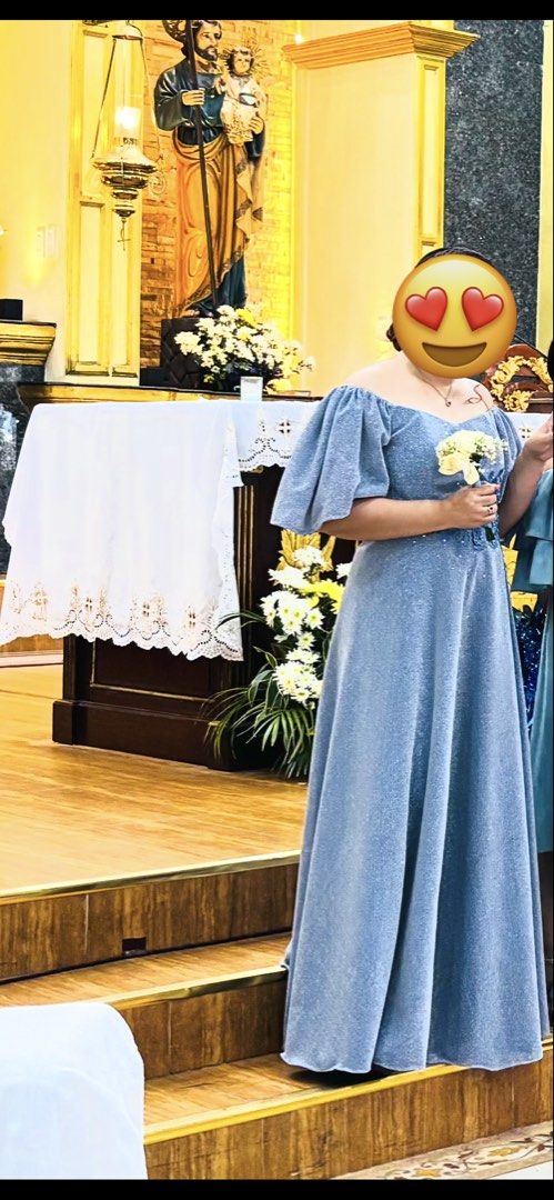 Ninang / Bridesmaid Dusty Blue Gown (Category: Dresses) located in Caloocan City. Submitted by melrodulfo (Listing ID 1438155244, Image 2). Description: - Shimmering dustry blue off-shoulder dress - Short sleeves - Fitted bodice with floral detailing - Includes a delicate necklace - Ideal for special occasions - adjustable corset in the back.