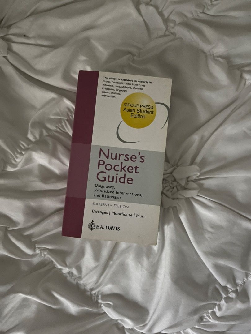 Nurse's Pocket Guide (NANDA) (Category: Textbooks) located in Manila. Submitted by curatedbyjuls12_ (Listing ID 1438222582, Image 1). Description: - Nurse's Pocket Guide, Asian Student Edition (16th Edition) - Essential resource for nursing students. - Includes diagnoses, prioritized interventions, and rationales. - Authorized for sale in: Brunei, Cambodia, Hong Kong, Indonesia, Laos, Malaysia, Myanmar, Philippines, Singapore, Taiwan, Thailand, a