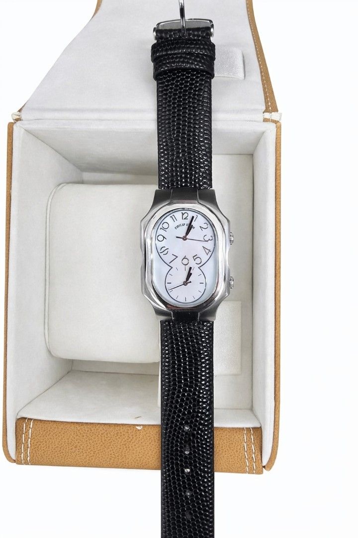 Philip Stein Signature Dual Time Zone (Category: Luxury Watches) located in Lapu Lapu. Submitted by povv-ph (Listing ID 1438117779, Image 1). Description: With Box and Receipt. +Signature "Eight-Shape" Case: Featuring a unique, curved stainless steel silhouette that contours elegantly to the wrist. +Dual Time Zone Dials: The watch face is uniquely divided into two independent subdials, allowing you to monitor two separate time zones simultaneousl