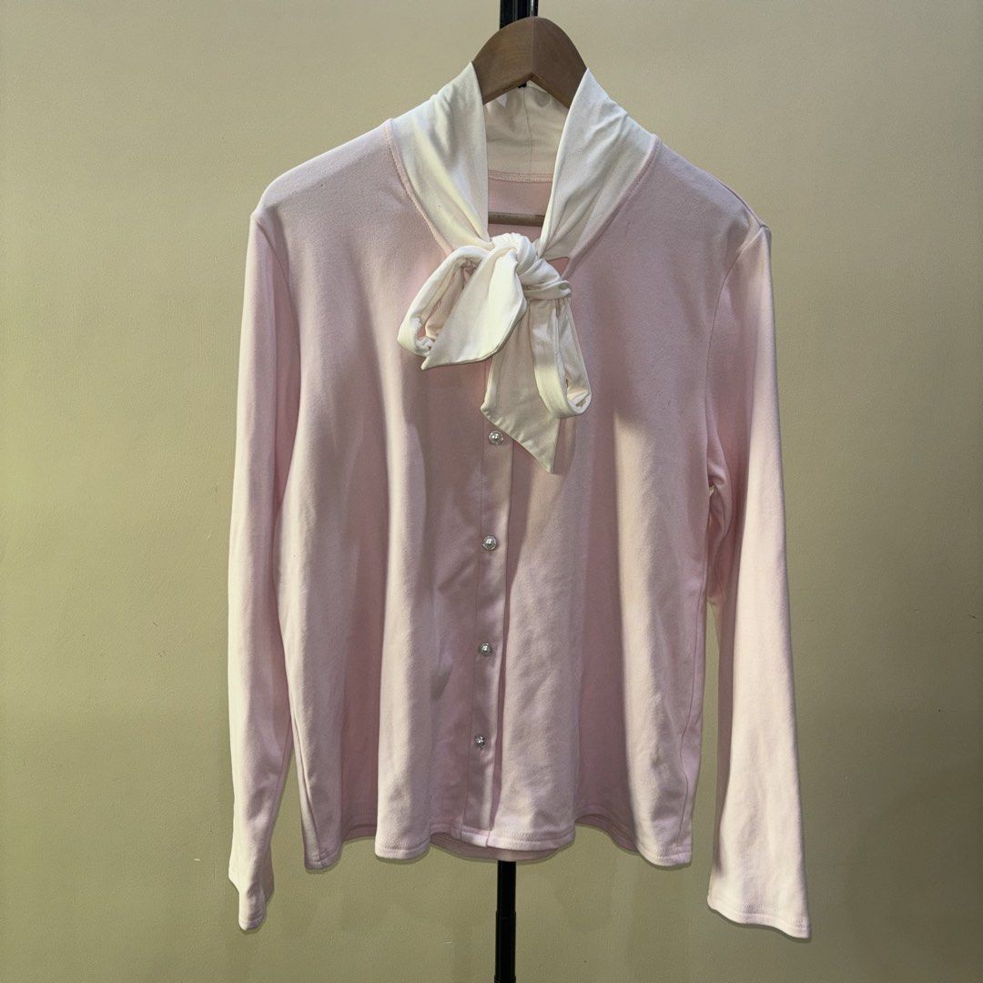 Pink Blouse long sleeve with Ribbon (Category: Blouses) located in Quezon City. Submitted by declutternami (Listing ID 1438204810, Image 2). Description: - Soft pink blouse - Button-down front with pearl-like buttons - soft fabric Medium size rfs: Declutter Pickup only: QC loc.