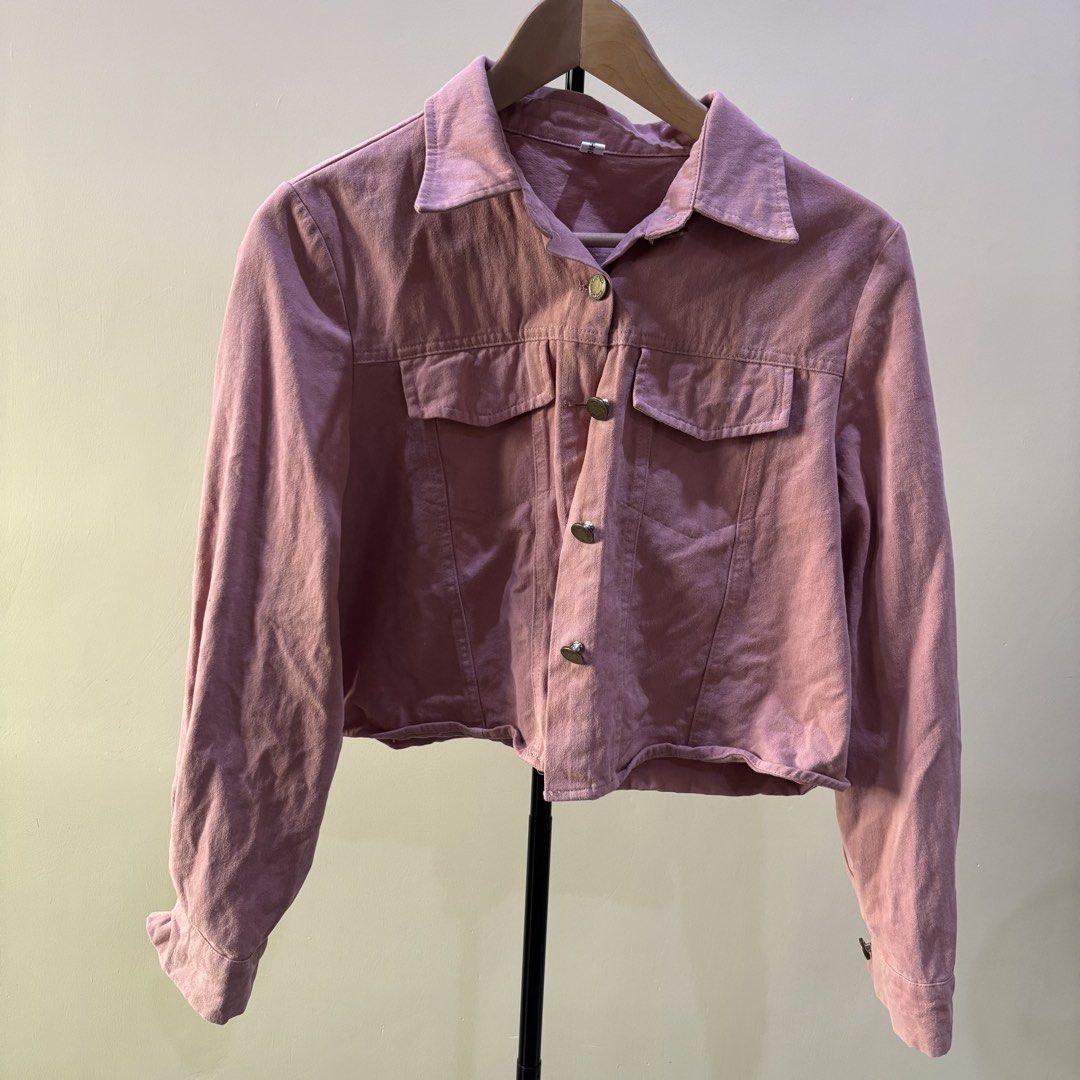 Pink Cropped Denim Jacket (Category: Coats, Jackets and Outerwear) located in Quezon City. Submitted by declutternami (Listing ID 1438204330, Image 1). Description: - Cropped denim jacket - pink rose color - Classic collar Size medium Loc: QC Pickup only.