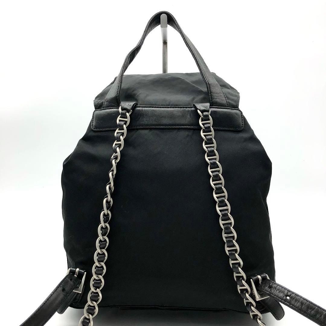 PRADA Authentic Nylon Backpack Black Silver Chain Triangle  display picture 1