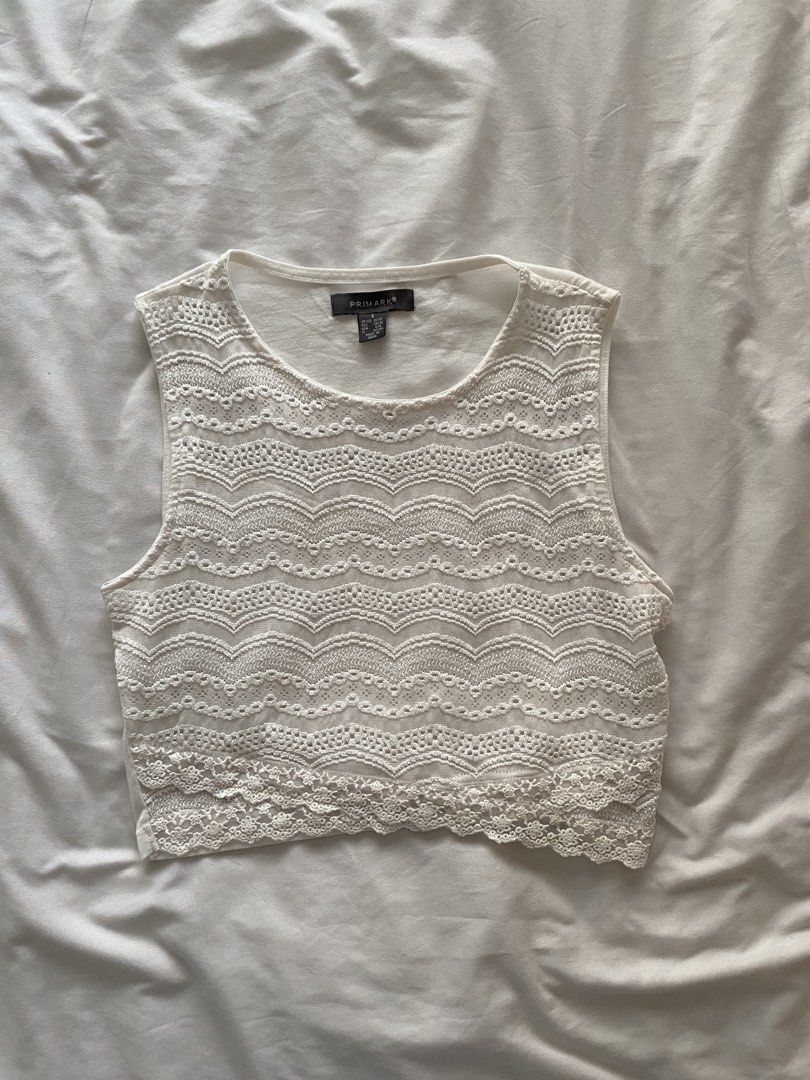 Primark White Crochet Crop Top - Size S (Category: Others Tops) located in Quezon City. Submitted by ashleyken (Listing ID 1438172893, Image 1). Description: - White crochet crop top - From Primark - Round neckline - Sleeveless - Detailed crochet pattern - Size S.