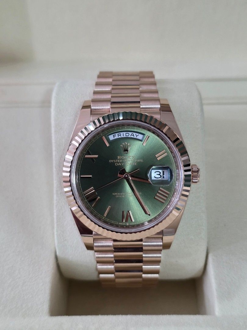Rolex Daydate 40 Olive Green (Category: Luxury Watches) located in Mandaluyong City. Submitted by shobeywatch (Listing ID 1438299293, Image 1). Description: Rolex Day Date 40 Olive Green Ref. 228235 Bnew 2025 ig shobeywatch.
