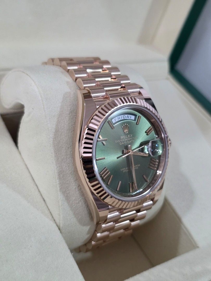 Rolex Daydate 40 Olive Green (Category: Luxury Watches) located in Mandaluyong City. Submitted by shobeywatch (Listing ID 1438299293, Image 2). Description: Rolex Day Date 40 Olive Green Ref. 228235 Bnew 2025 ig shobeywatch.