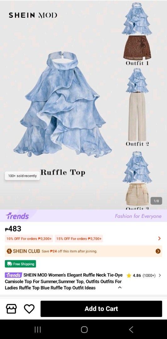 SHEIN MOD Women's Elegant Ruffle Top (Category: Blouses) located in San Pedro. Submitted by JohnsonKeeps (Listing ID 1438149314, Image 1). Description: - SHEIN MOD Ruffle Top Halter - Tie-dye design - Color: Blue - Size: L - Bust: 42.6-42.6 inches - Length: 18.5/7.7 inches RFS: wrong size .