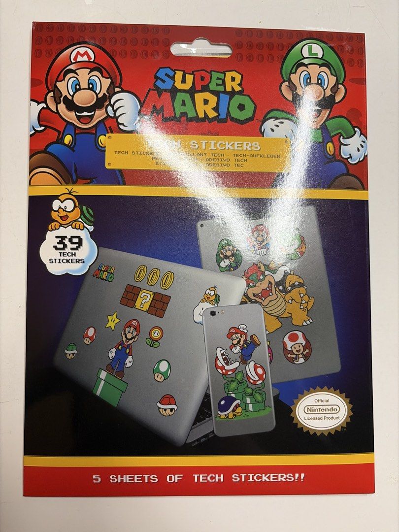 Super Mario Tech Stickers - 5 Sheets (Original Nintendo) (Category: Stationery & School Supplies) located in Quezon City. Submitted by so_san (Listing ID 1438256906, Image 1). Description: - Super Mario sticker pack - Includes 5 sheets of stickers - Features various characters and elements from the Super Mario universe - 39 stickers total - Perfect for laptops, phones, and other tech devices - Officially licensed Nintendo product! Straight from J
