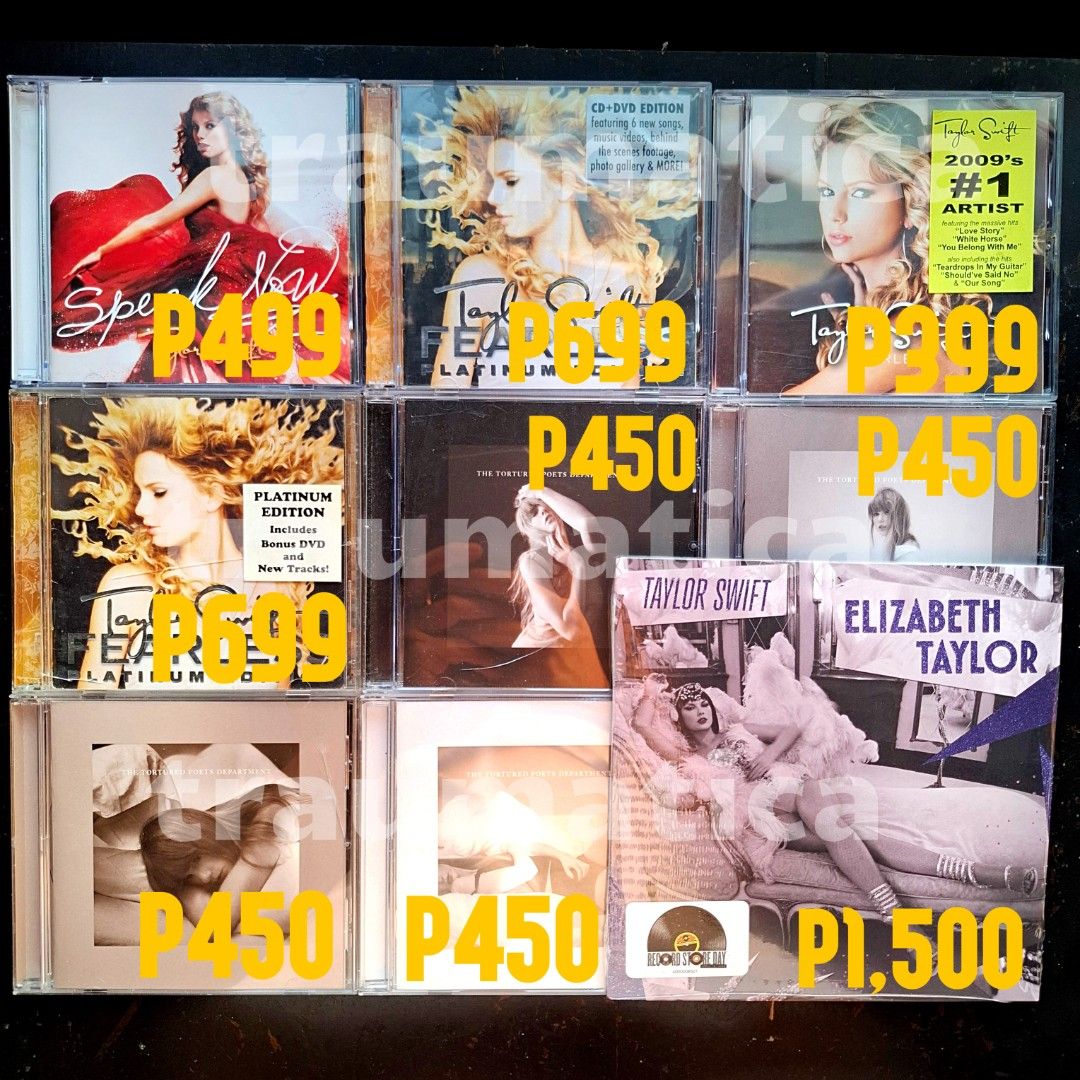 Taylor Swift CD and Vinyl Collection (Category: CDs & DVDs) located in Tarlac. Submitted by traumatica (Listing ID 1438137400, Image 1). Description: Decluttering my Swiftie stuff to fund a very important trip. Hard to let go, but I have to :(( • TTPD (Target Edition CDs) P450 each or P1,200 for set, NO Posters The Bolter - SOLD Other variants are still available • Speak Now (PH Deluxe 2Discs) P499 - Brand New, unsealed • Fearless (PH Platinum CD