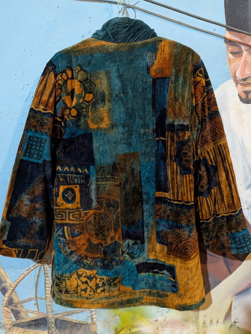 Tilber Patchwork Coat (Category: Coats, Jackets and Outerwear) located in Muar. Submitted by selamart_ (Listing ID 1438247688, Image 3). Description: Tilber coat features a unique patchwork design in shades of teal, brown, and orange. It has a velvet collar and three buttons. The coat is a size 38. The inner lining has a patterned design. It is a vintage piece with a distinctive style. Free shipping peninsular Malaysia..