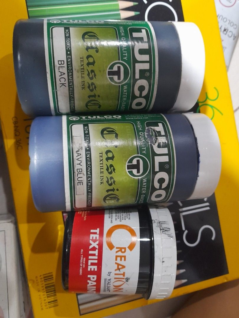 TULCO Textile Paint Black & Navy Blue (Category: Craft Supplies & Tools) located in Quezon City. Submitted by alexayizhou (Listing ID 1438297467, Image 1). Description: Barely used for academic playes. Still practically full. Creation Black Textile Paint included for free. Shipping: Lalamove or GrabExpress (shipping to be shouldered by buyer) MOP: Gcash to be sent before pick up or during meet up (cash allowed) No returns! WYSIWYG .