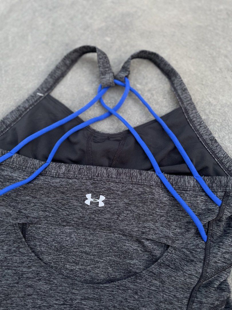 Under Armour Tank Top with Blue Straps (Category: Sleeveless) located in Taguig. Submitted by kayecheng (Listing ID 1438293959, Image 3). Description: Under Armour tank top with blue straps, gray marled fabric, and white accents. Features a unique back strap design and Under Armour logo. Comfortable and athletic..