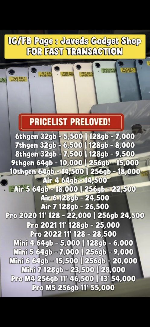 UPDATED PRICELIST! ACCEPTING SWAP/ TRADE IN / INSTALLMENT / BINTA UNIT. (Category: Others) located in San Juan City. Submitted by javedsgadgetshop (Listing ID 1438151315, Image 2). Description: UPDATED PRICELIST! Accepting swap / Trade in / Installment / Binta Unit! BUY and SELL! Installment : SPAYLATER / GGIVES / CREDIT CARD / SKYRO / HOME CREDIT! BUMIBILI RIN KAMI SO KUNG MAY UNIT KANG DI NA GINAGAMIT. BINTA MUNA PARA MAGING PERA! #fyp #fy #pri