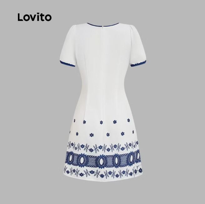 White Dress with Blue Accents (Category: Dresses) located in Davao. Submitted by iahleah (Listing ID 1438295230, Image 2). Description: - White V-neck dress - Blue trim on neckline, sleeves, and tie - Adorned with blue floral and decorative patterns at the hem - Fitted bodice - Slightly flared skirt - Made of lightweight fabric.