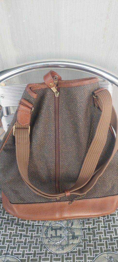 Why Bucket Bag Style (Category: Tote Bags) located in Batangas. Submitted by roams (Listing ID 1438174105, Image 2). Description: - Brown herringbone fabric sling bag - Leather - Adjustable strap - Gold-toned hardware - Unique leather detail on front - Interior pocket wala na lang nakasabit na why just pm.