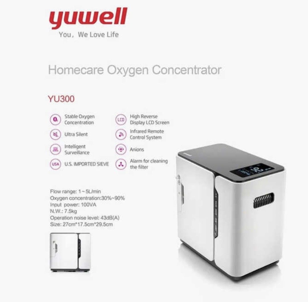 YUWELL YU300 OXYGEN CONCENTRATOR PORTABLE GENERATOR (Category: Medical Supplies & Tools) located in Makati City. Submitted by freemanchairo (Listing ID 1438115571, Image 1). Description: - YUWELL YU300 Oxygen Concentrator - Portable Generator - Homecare use - Stable Oxygen Concentration - Ultra Silent - High Reverse Display LCD Screen - Intelligent Surveillance - Alarm for cleaning the filter - Modern Design.