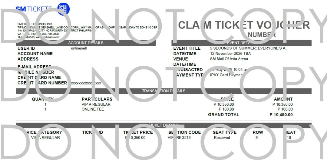 5SOS Day 2 Concert Ticket (Category: Events Tickets) located in Caloocan City. Submitted by akadaifuku (Listing ID 1438384453, Image 2). Description: 5SOS Everyone's A Star Concert in Manila | November 12, 2026 - One (1) VIP A Regular ticket - Section 218 - Unclaimed - For meet up only to avoid fraud on both sides - SM Baguio City RFS: Got desired seat.