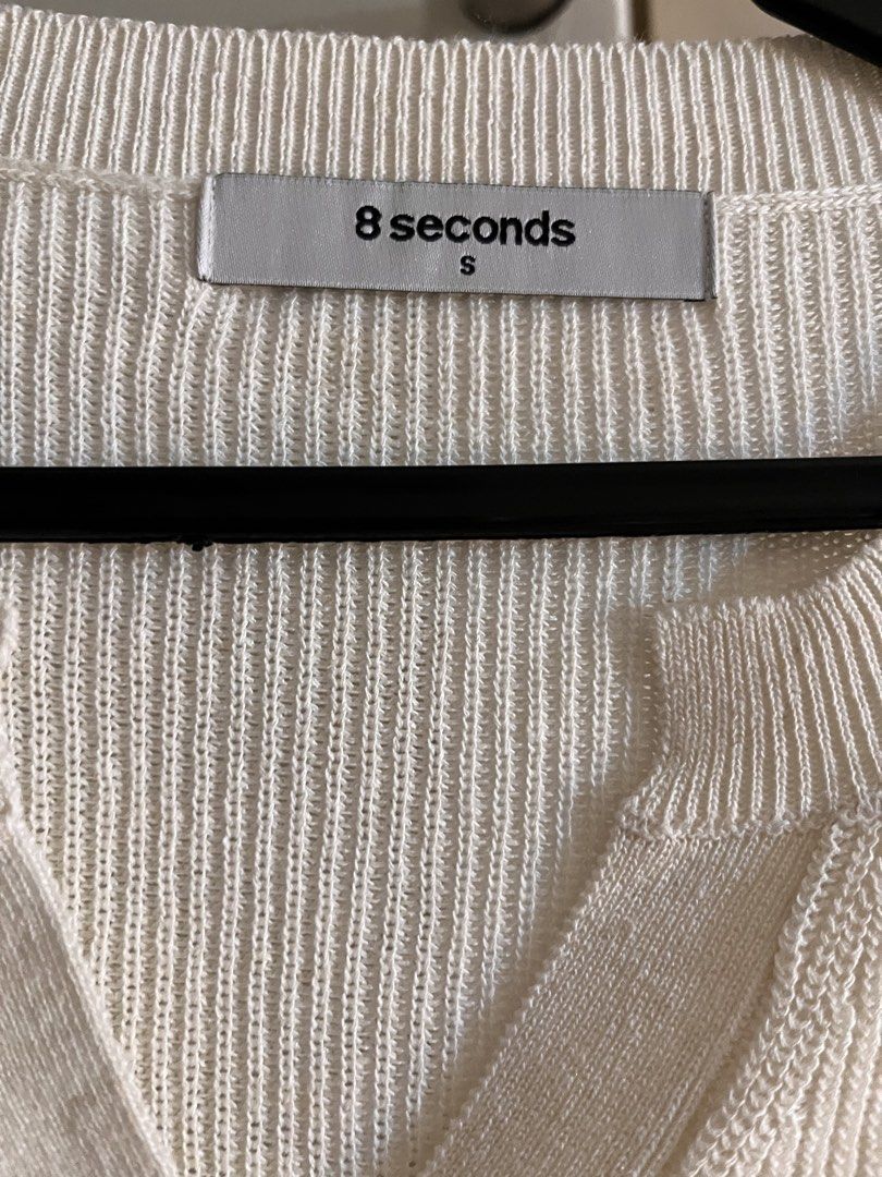 8 Seconds Short Sleeve Blouse/Cardigan (Category: Coats, Jackets and Outerwear) located in Taguig. Submitted by vanillastore_ (Listing ID 1438315625, Image 2). Description: - Cream-colored short sleeve blouse/cardigan - Brand: 8 Seconds - Size: S - Ribbed knit texture.