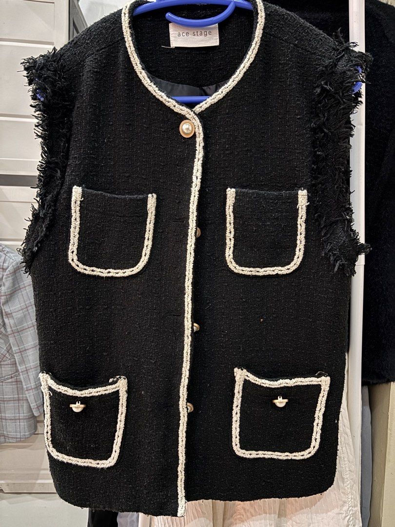 Ace Stage Tweed Vest (Category: Sleeveless) located in Los Banos. Submitted by _loopee27 (Listing ID 1438350380, Image 1). Description: - Ace Stage black tweed vest - Round neckline - Four front pockets with white trim - Fringe detail on shoulders - Pearl-like buttons - Plain black tweed back - Fit to Small to Medium .