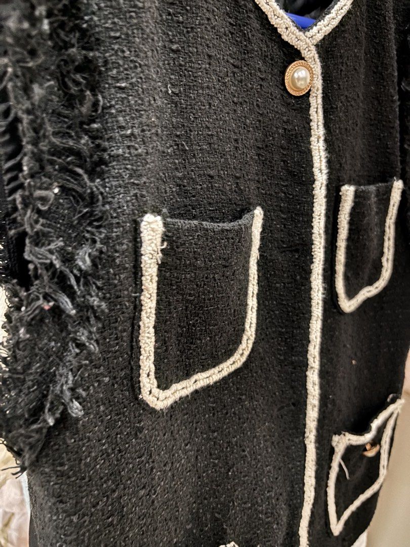 Ace Stage Tweed Vest (Category: Sleeveless) located in Los Banos. Submitted by _loopee27 (Listing ID 1438350380, Image 2). Description: - Ace Stage black tweed vest - Round neckline - Four front pockets with white trim - Fringe detail on shoulders - Pearl-like buttons - Plain black tweed back - Fit to Small to Medium .