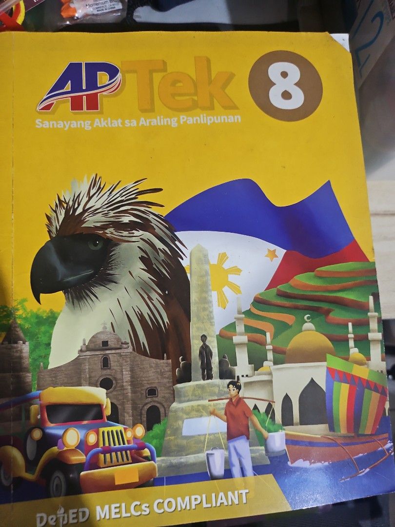 AP Tek 8 Araling Panlipunan Textbook (Category: Textbooks) located in Manila. Submitted by ymek1 (Listing ID 1438425141, Image 1). Description: - Grade 8 Araling Panlipunan Textbook - DepEd MELCS Compliant - Ready for Use - Cover: Philippine flag, eagle, and cultural landmarks.