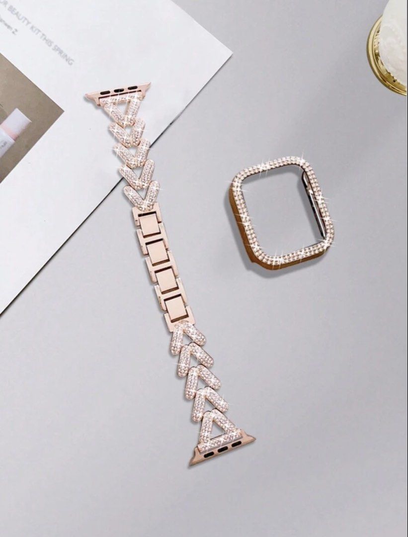 Apple Watch Band with Case - Rose Gold (Category: Wearables & Smart Watches) located in Quezon City. Submitted by merjv (Listing ID 1438388007, Image 1). Description: - Rose gold Apple Watch band and case set - Sparkling, crystal-studded design - Unique chevron pattern on band - Matching case for protection - Adds glamour to your watch - Easy to install and wear -Apple Watch 42mm.