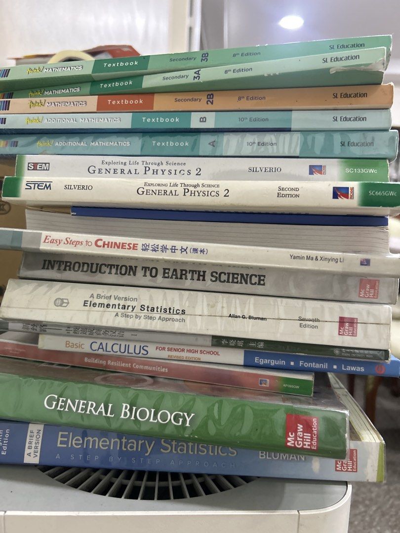 TAKE ALL! BUNDLE Assorted High School Textbooks (Category: Textbooks) located in Quezon City. Submitted by jcc05 (Listing ID 1438453500, Image 1). Description: TAKE ALL FOR ₱1000 - High school textbook collection. - Includes: - General Physics 2 - Introduction to Earth Science - Basic Calculus - General Biology - Mathematics - Additional Mathematics - Titles visible in images. - Ideal for students and educational use. - Gen physics second ed no l
