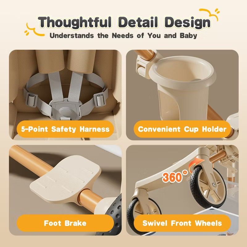 Baby Stroller - Champagne Gold (Category: Strollers) located in Bacoor. Submitted by gmw131680529 (Listing ID 1438499141, Image 2). Description: - High 85cm view to keep baby away from exhaust - 5-point safety harness - Includes a cup holder - Convenient foot brake - Reversible seat for interaction and exploration - Multiple footrests for different ages - Quick and easy folding.