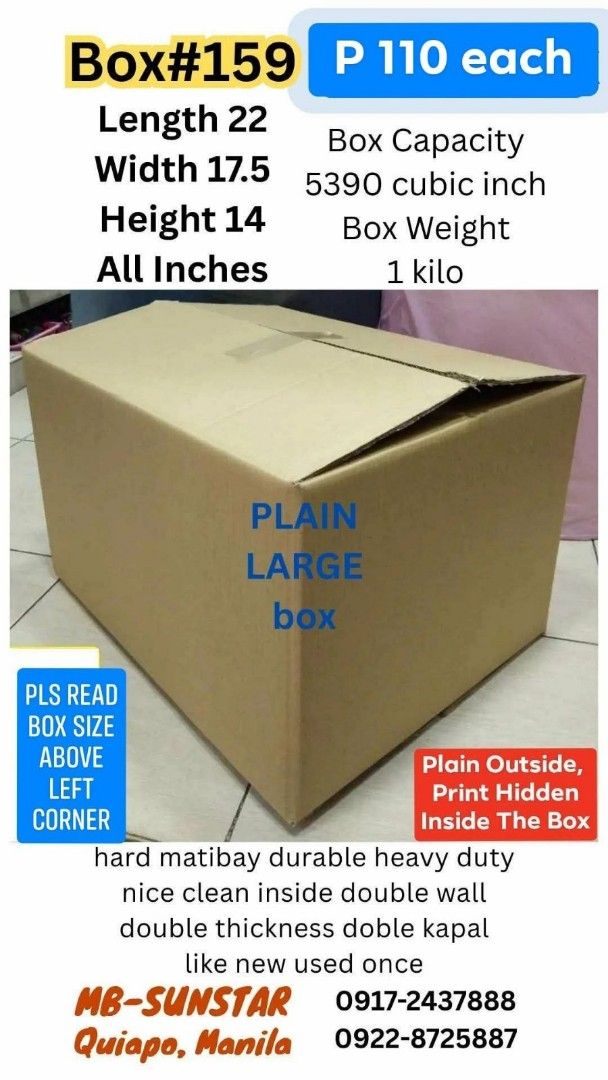 Balikbayan Boxes Tapes packaging Coinpurse Handicrafts (Category: Looking For) located in Manila. Submitted by ramon_box_bubblewrap (Listing ID 1438495073, Image 2). Description: Double Wall Hard Used Like New Box, New Handicrafts Coinpurse Souvenirs Low Price Good Quality No Minimum Order Order 24/7 Same day Grab Lalamove delivery OK Buyer Pickup 0917 Globe 2437888.