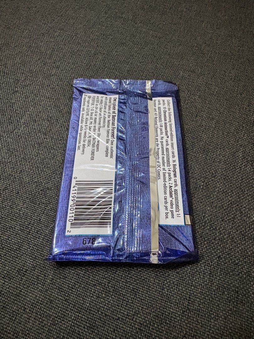 Batman Forever Trading Cards Sealed (Category: Raw Singles) located in Imus. Submitted by declutter201 (Listing ID 1438499356, Image 2). Description: Price: P250 Prio payo Location: Imus, Cavite MOP: BDO, Gcash, Maya, GoTyme MOD: GGX, J&T, SDD Sealed You can message me for more details.