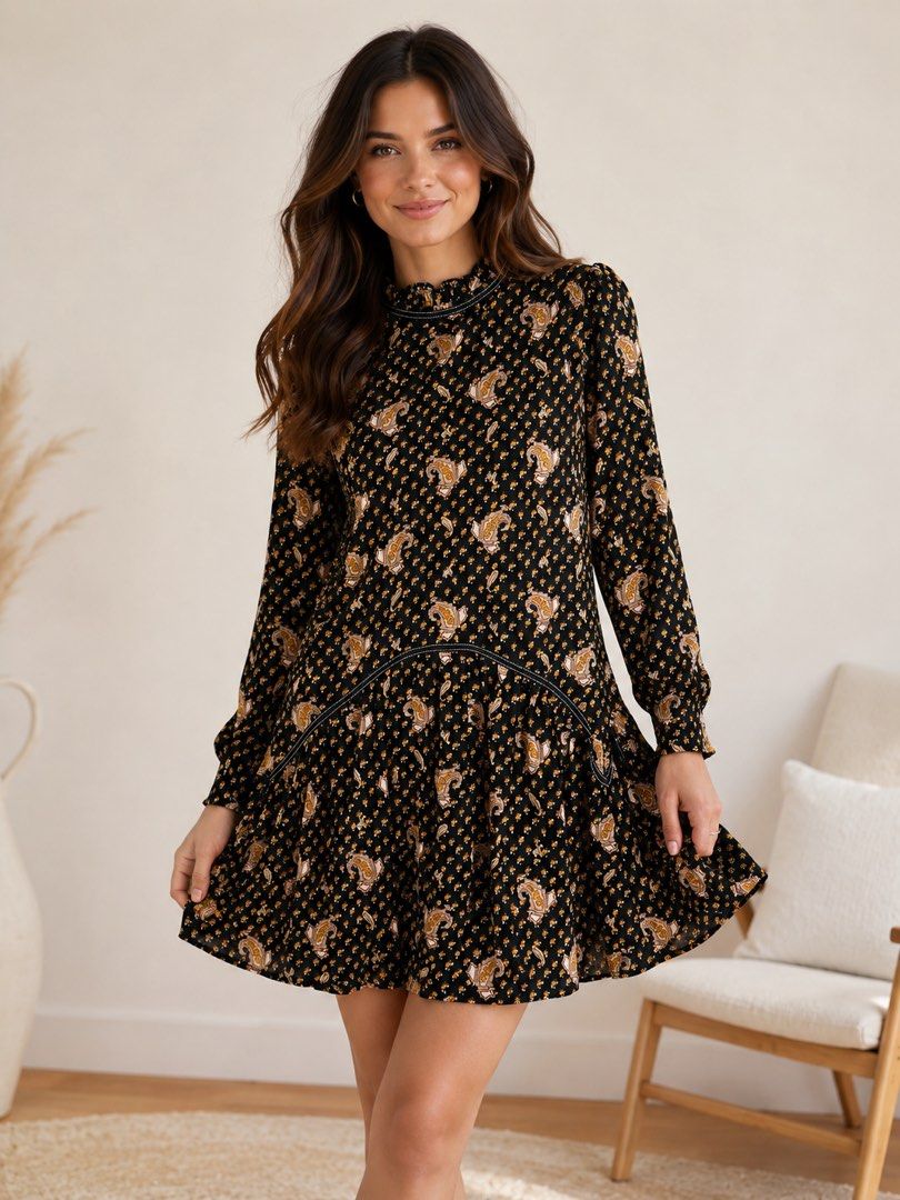 BLACK PAISLEY DRESS (Category: Dresses) located in Pasig City. Submitted by fruitselling (Listing ID 1438429008, Image 1). Description: - Neckline: High ruffled or funnel mock neck lined with piping detail. - Sleeves: Long sleeves with elasticated smocked cuffs. - Waistline: Curved piping seam that drops into an elasticated smocked waist. - Skirt: Tiered A-line silhouette featuring lightweight ruffled panels. Width 17 inches Length 31 inches .