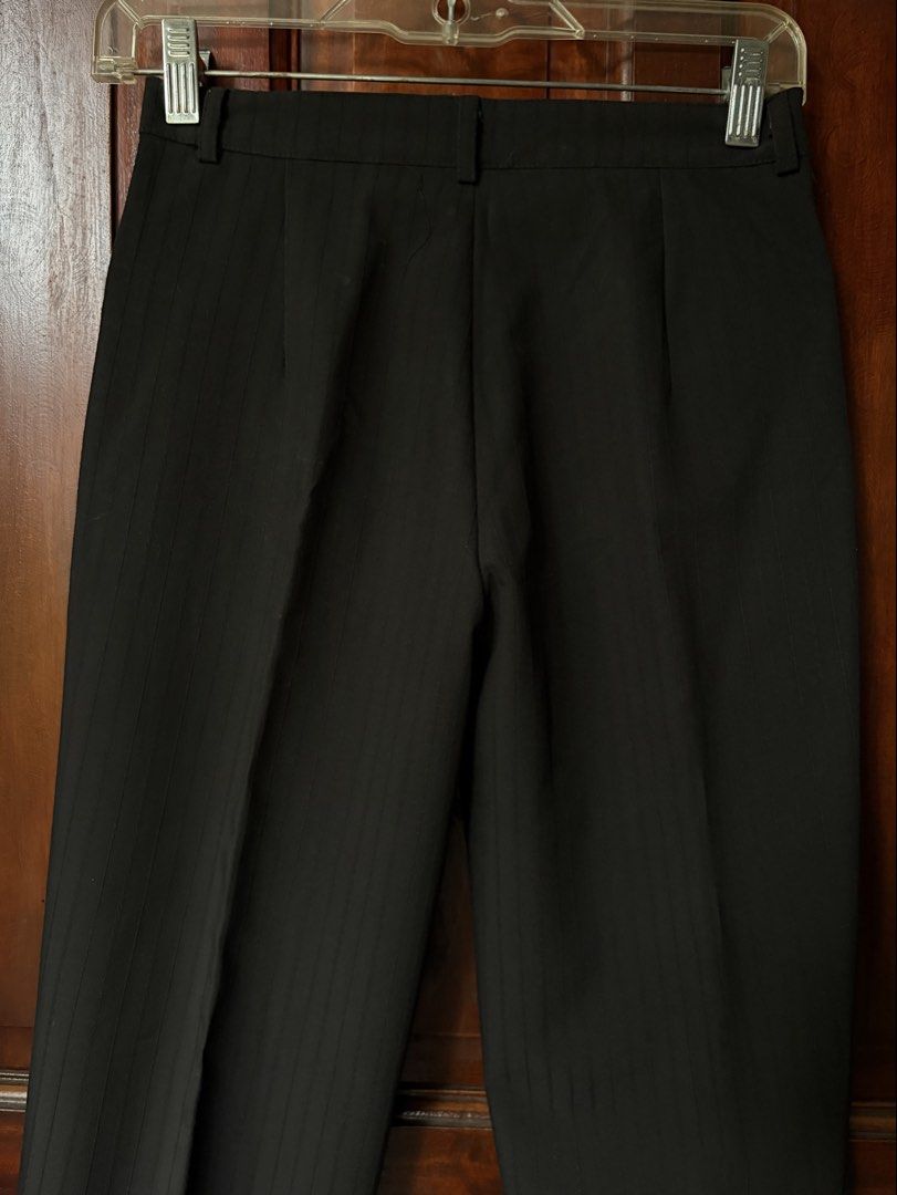 black trousers/slacks (Category: Other Bottoms) located in Las Pinas. Submitted by nylth (Listing ID 1438345424, Image 3). Description: - mid waist - straight leg cut - button is missing - zippers are functional - subtle vertical stripe pattern - no when worn because masikip sakin .