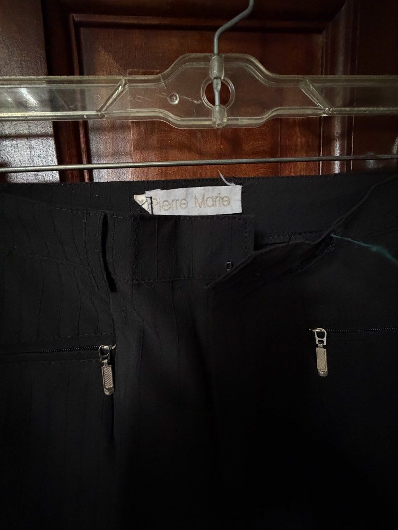 black trousers/slacks (Category: Other Bottoms) located in Las Pinas. Submitted by nylth (Listing ID 1438345424, Image 1). Description: - mid waist - straight leg cut - button is missing - zippers are functional - subtle vertical stripe pattern - no when worn because masikip sakin .