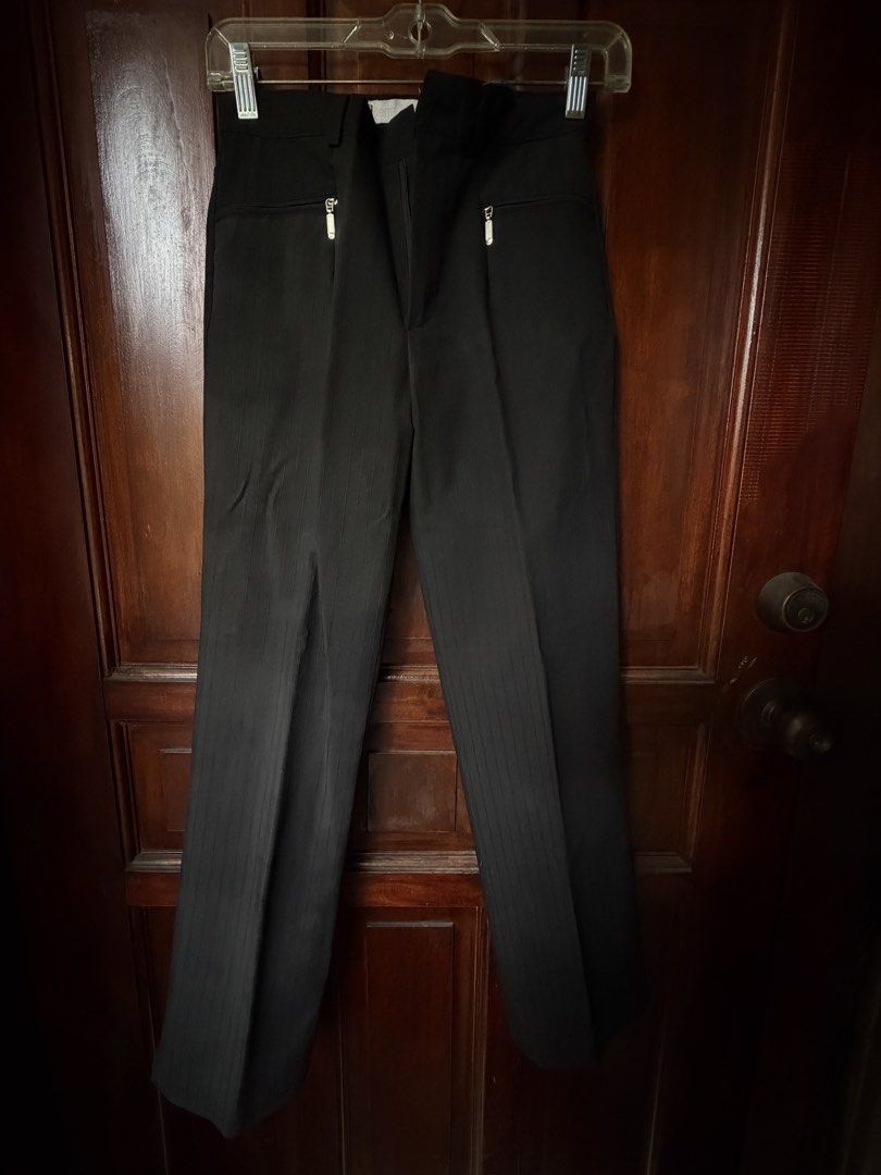 black trousers/slacks (Category: Other Bottoms) located in Las Pinas. Submitted by nylth (Listing ID 1438345424, Image 2). Description: - mid waist - straight leg cut - button is missing - zippers are functional - subtle vertical stripe pattern - no when worn because masikip sakin .