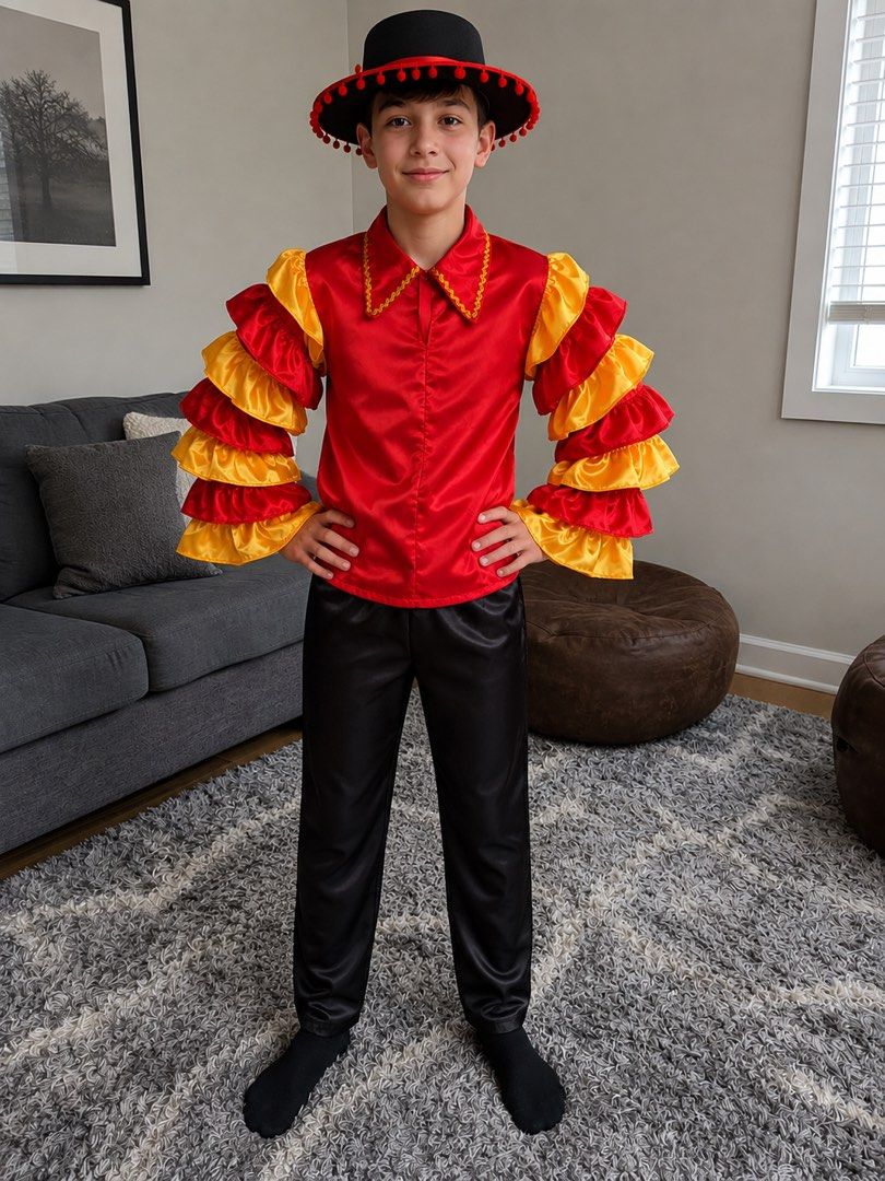 Brazil Costume for boys (Category: Babies & Kids Fashion) located in Guiguinto. Submitted by ebh19 (Listing ID 1438372179, Image 2). Description: Brazil costume for boys size: 3XL 10-12 years old boys - Includes: red and yellow ruffled shirt with gold collar, black pants, and black hat - Hat features a red ribbon - Ideal for performances and themed events.
