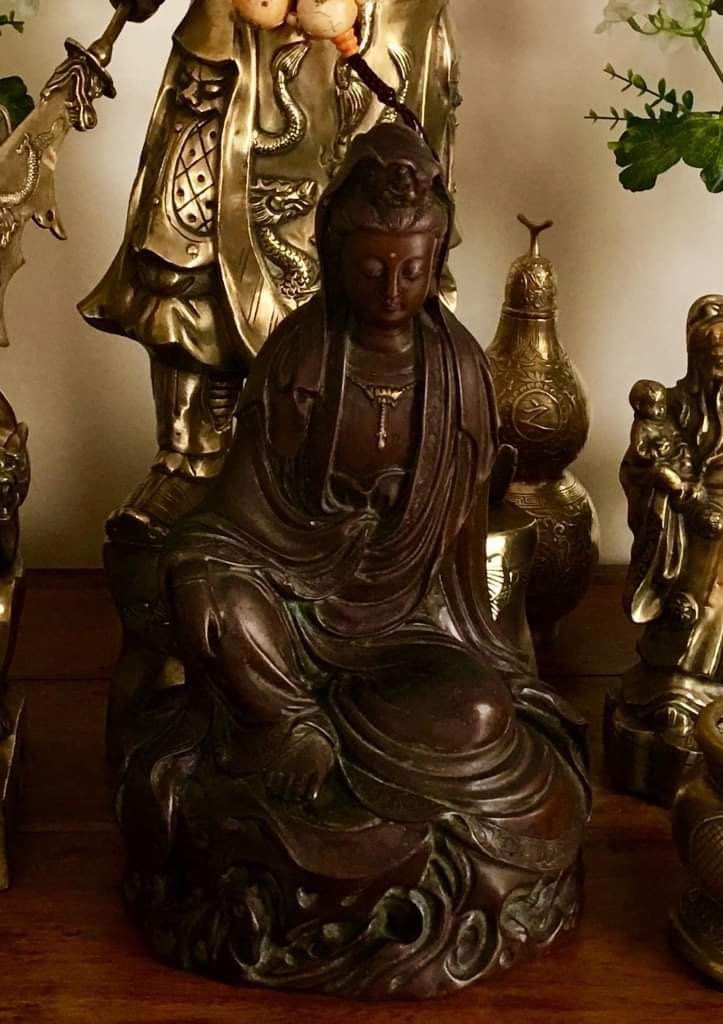 Bronze Guan Yin Statue (Category: Religious Items) located in Cavite. Submitted by esp777 (Listing ID 1438450218, Image 1). Description: - Bronze Guan Yin statue - Approximately 13 inches tall - Features intricate details - Dark brown patina - Depicts Bodhisattva in meditative pose - Beautiful decor piece - No to SWAP Price: 150,000.