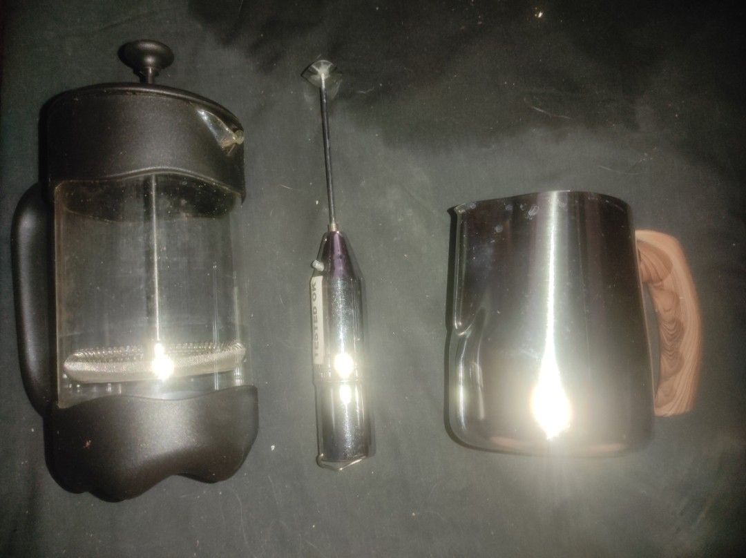 Coffee plunger,mini hand mixer&milk pitcher (Category: Coffee & Tea Tableware) located in San Jose del Monte. Submitted by nicesiger (Listing ID 1438455741, Image 1). Description: wood handled milk pitcher, hand tool mixer small,plunger glass.