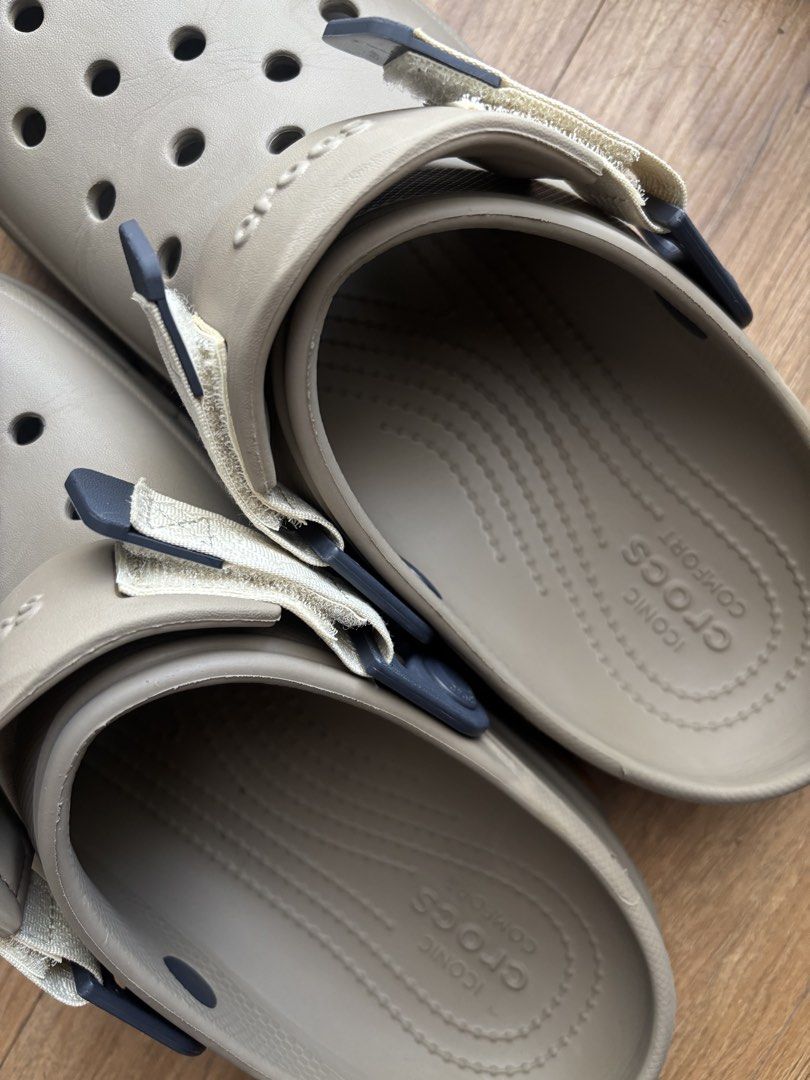 Crocs Classic All-Terrain Clog (Category: Slippers & Slides) located in Pasig City. Submitted by kathB (Listing ID 1438469543, Image 3). Description: These Crocs Classic All-Terrain Clogs come in a neutral color and feature adjustable straps with a rugged outsole for improved traction. They also include the Crocs Comfort™ footbed with the iconic logo detail. Fits size M7/W9. Lightly used, with visible creasing from wear and areas where Jibbitz ch